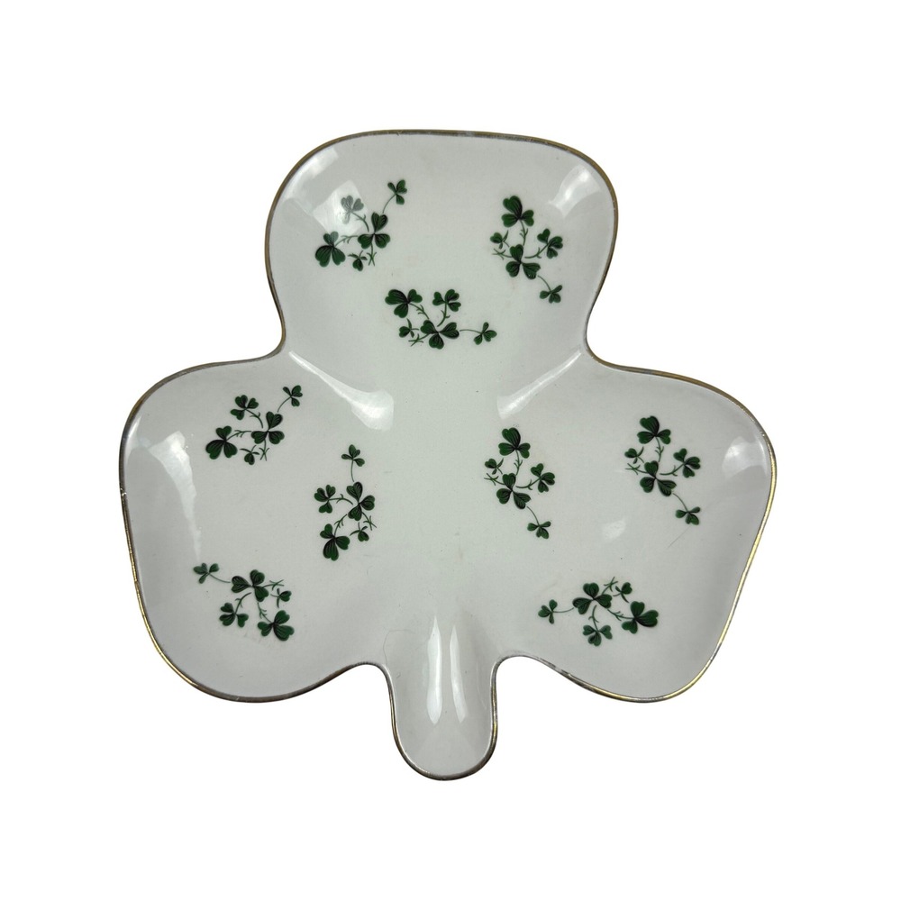 Carrigaline Pottery Vintage Irish Shamrock Trinket Dish White Green Ceramic